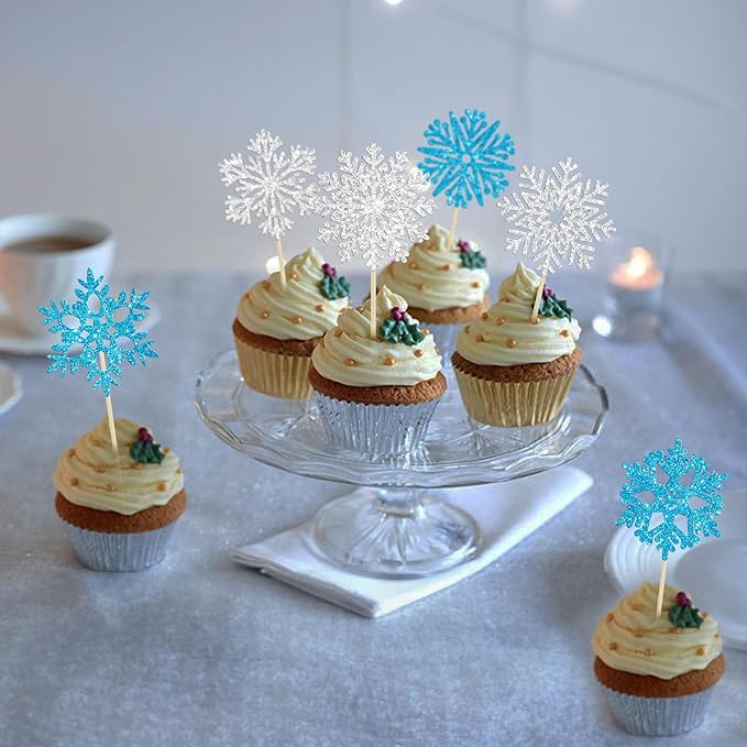 36Pcs Snowflake Cupcake Toppers Glitter Winter Frozen Theme Snowflake Cupcake Pick Decorations for Baby Shower Kids Birthday Christmas Party Decorations Supplies Blue Silver