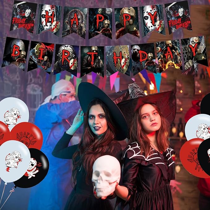 Party Decorations,Birthday Party Supplies for Horror Movie Party Supplies Includes Banner - Cake Topper - 12 Cupcake Toppers - 18 Balloons