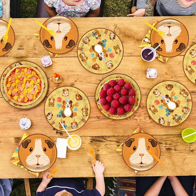 96Pcs Guinea Pig Birthday Party Decorations Hamster Happy Birthday Plates and Napkins Sets Brown Guinea Pig Decorations for Boys Girls Animal Theme Bday Party Supplies Serves 24