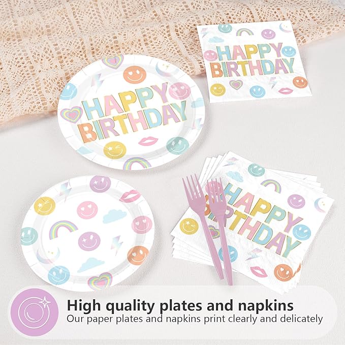 96Pcs Rainbow Birthday Party decorations Smile Face Rainbow Plates and Napkins Pastel Theme Disposable Paper Tableware Set for Colorful Kids Birthday Baby Shower Party Supplies Serves 24