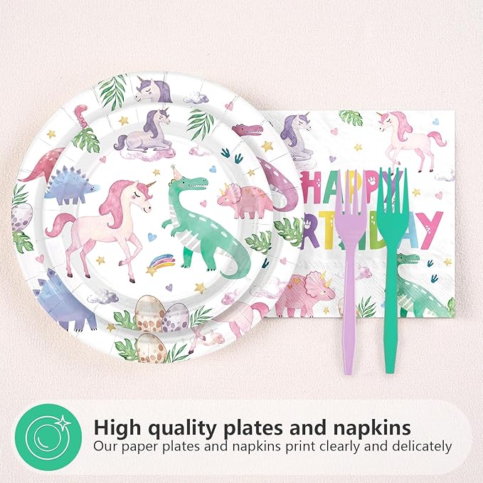 96Pcs Dinosaur Unicorn Birthday Party Decorations Dinosaur Unicorn Birthday Plates and Napkins Set Rainbow Dino Decoration for Girls Princess Magical Pastel Pink Rainbow Bday Party Supplies Serves 24