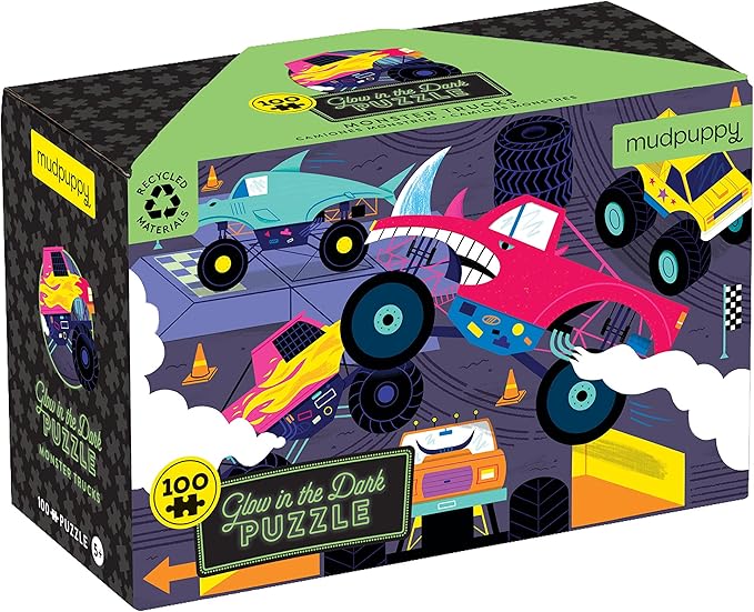Mudpuppy Monster Trucks – 100 Piece Glow in The Dark Jigsaw Puzzle with an Exciting Scene of Trucks and Cars Racing and Hidden Speedy Details in The Dark