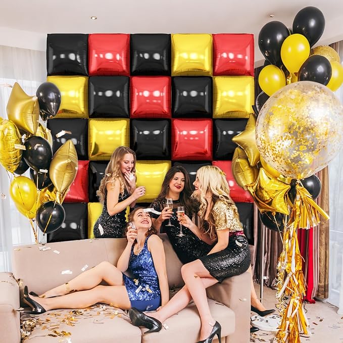 Black Red Gold Square Foil Balloon Wall,25Pcs Double Sided Foil Balloons Backdrop Helium Polyester Tunnel Arch Garland Kit for Birthday Bridal Anniversary Baby Shower Party Decorations
