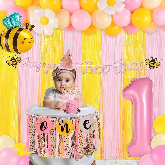 Bee Theme Highchair Banner for Baby First Birthday Party Decorations Pink Happy 1st Bee Day High Chair Tassel Garland for Girls Bumble Bee One Birthday Photo Props Backdrop Decor with Cake Topper