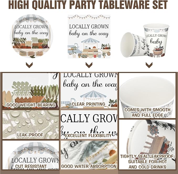 Hushee 200 Pcs Locally Grown Baby Shower Paper Plates Napkins Cups Baby Shower Party Supplies Tableware Set Disposable Cup Napkin for 50 Guest Party Decoration