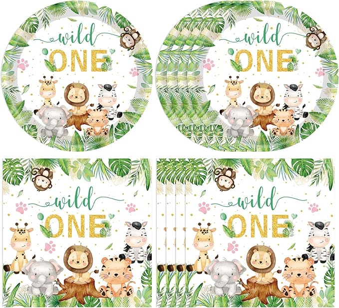 40PCS Wild One Birthday Decorations First Birthday Party Jungle Animal Safari Baby Shower Woodland themed Tableware Set Include Paper Plates, Napkins for Boys 1st Kids Wild One Party Supplies