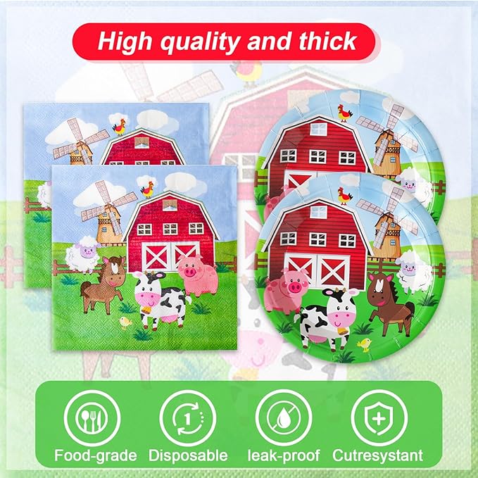 41pcs Farm Party Supplies ,include 20 Dessert Plat, 20 Napkin and 1pcs Tablecloth,Used for Farm Birthday Party Decoration