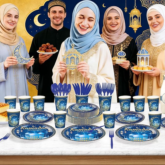168Pcs Blue Eid Ramadan Decorations Mosque Lantern Moon Plates and Napkins Cups Forks Islamic Eid Mubarak Decor Tableware Sets for Islamic Muslim Ramadan Mubarak Muslim Home Party Supplies Serves 24
