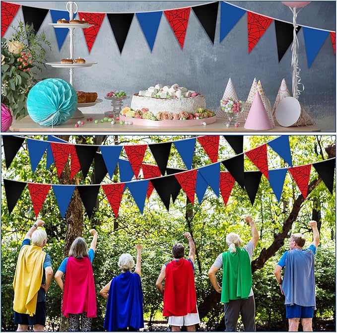 Boao 10 Strips Spider Pennant Banner 98 ft Hero Triangle Flag Cartoon Paper Pennant for Spider Birthday Party Decorations Hero Theme Festivals Wedding Party Supplies Outdoor Home Decor