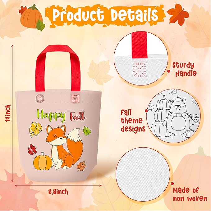 Fall Coloring Goodie Bags for Kids - 24Pcs Autumn Bulk Color Your Own Gift Bags with Handle Thanksgiving Reusable Coloring Bags Non Woven Tote Bag for DIY Crafts Painting Party Favor Supplies