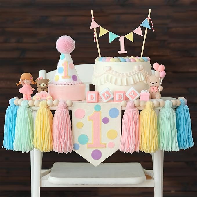 Macaron Pastel Dot 1st High Chair Banner Conical Cap Colourful Macaron Cake Topper for Boys Girls Birthday Party Decorations