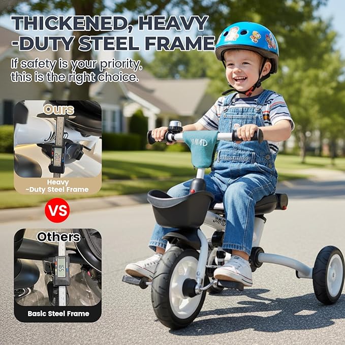 JMMD 8 in 1 Tricycle Stroller with Push Handle, Foldable Trike with 360° Swivel Seat, Reclining Backrest, All-Terrain Wheels, Dual Brakes, Canopy & Storage, Gift for Kids 18 Months to 5 Years, Green