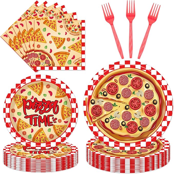 Pizza Plates and Napkins Party Supplies - 96PCS Pizza Birthday Party Decorations Pizza Time Pizza Themed Disposable Tableware Set Serves 24 Guests
