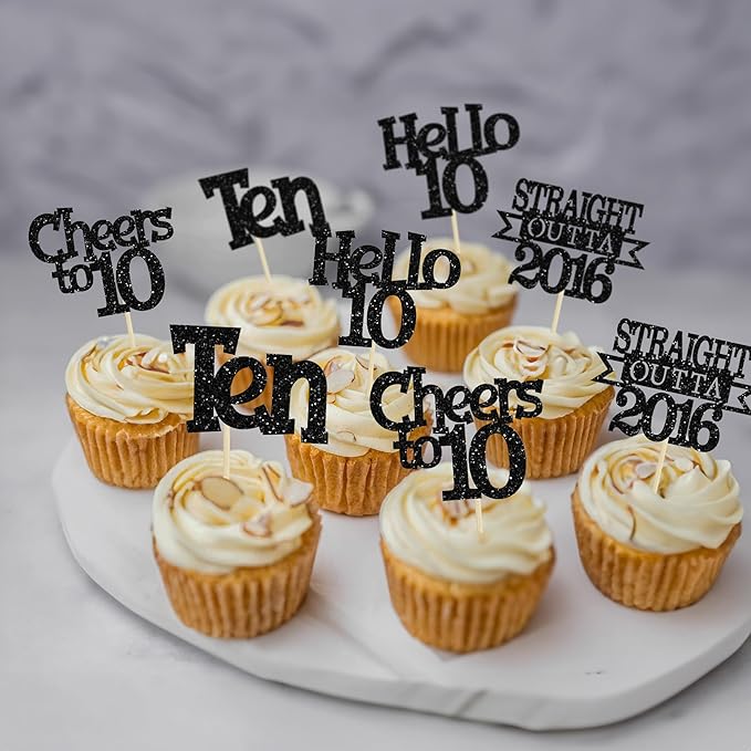 Ephlyn 24Pcs Happy 10th Birthday Cupcake Toppers Glitter Straight Outta 2016 Cupcake Picks Cheers to 10 Years Cake Decorations for 10th Birthday Anniversary Party Decorations Supplies Black
