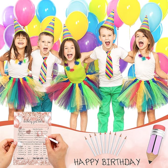 Leinuosen Who Knows The Birthday Girl Best Card 50 Pcs Birthday Party Game Set Girly Pink Rose Gold Sprinkles Themed Cards with 10 Pre Pointed Pencils for Teen Sweet Sleepover Party