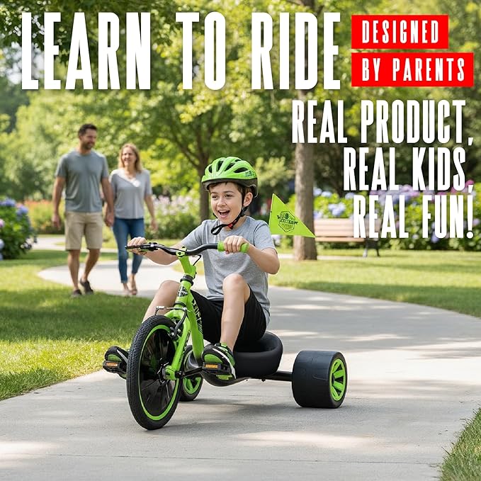 Drift Trike for Kids Ages 5+ 16" Front Wheel Ride-On with Adjustable Seat, Steel Frame, Rear Slick Drift Wheels & Safety Flag – Madd Gear Green Black