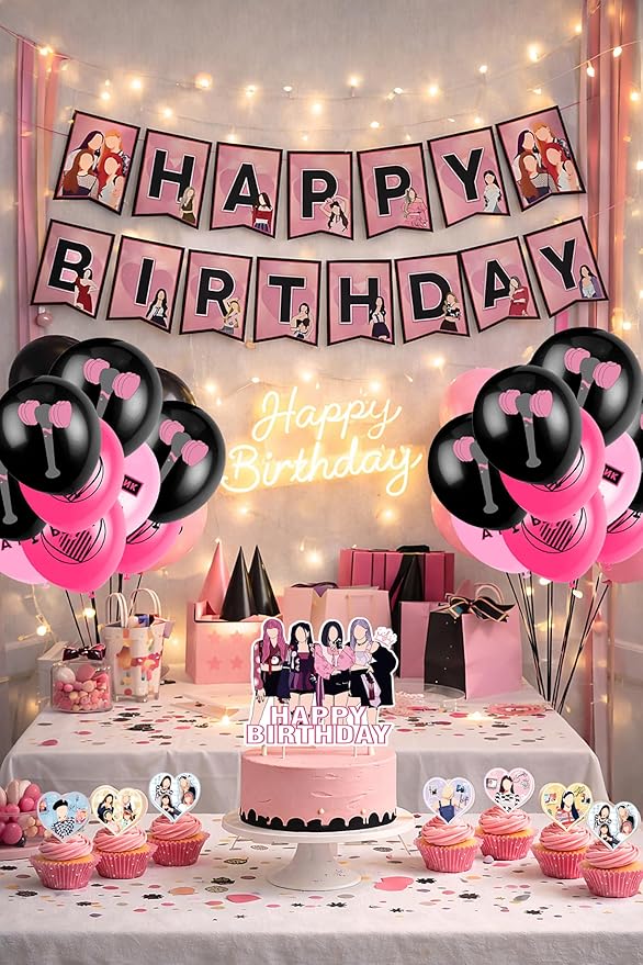 KPOP Black Pink Girl Group Birthday Party Kit Supplies with Cake Topper, Balloons, Banner, Cupcake Toppers & Birthday Sash – Easy Setup Party Supplies for Girls, Teens & Adults