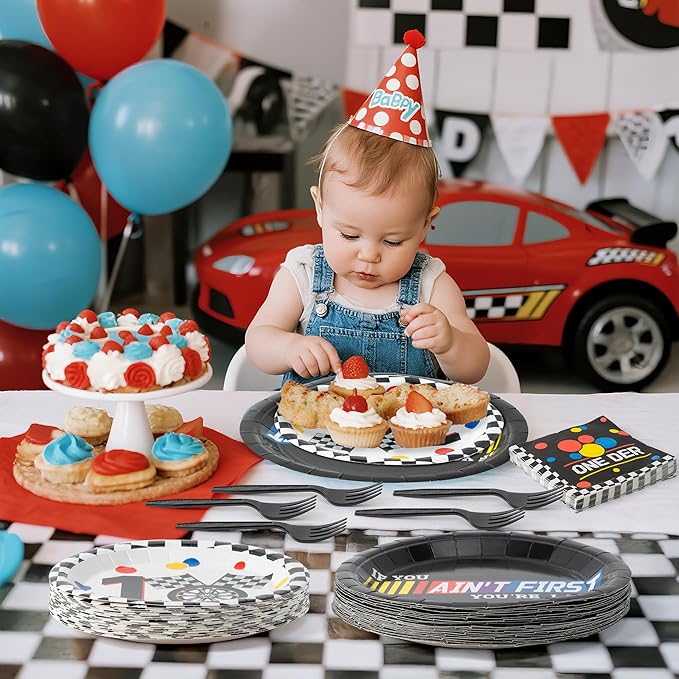 Racing Car First Birthday Party Supplies - 96pcs Paper Plates Napkins Forks Kids 1st Birthday Party Table Decorations Racing Car First Themed Disposable Cake Tableware Set for 24 Guests