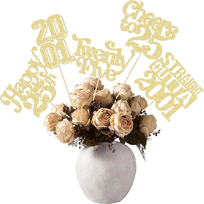 Gyufise 15Pcs Happy 25th Birthday Centerpiece Sticks Twenty Five Straight Outta 2001 Table Flower Centerpieces Sticks for Cheers to 25th Birthday Party Supplies Gold