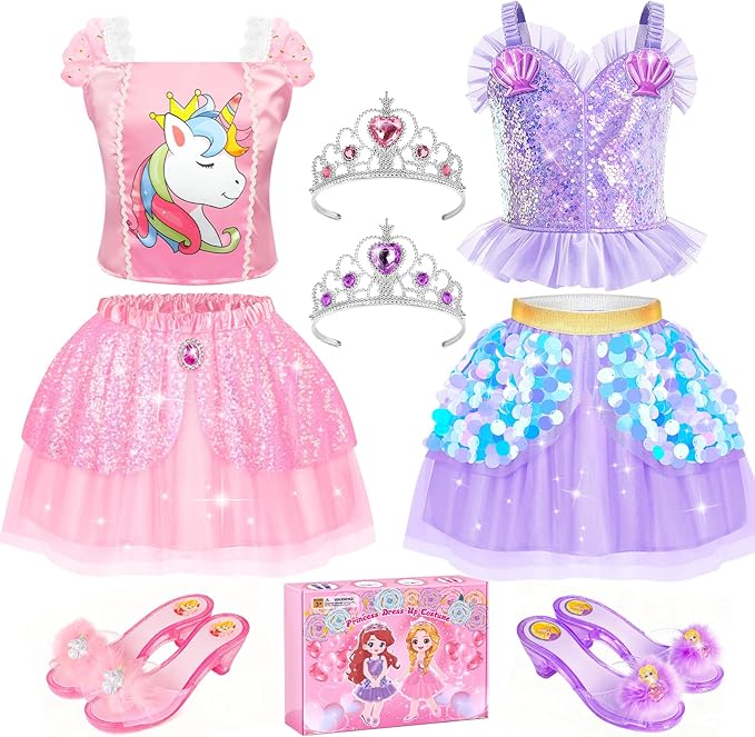 Princess Dress Up CLothes with Princess Shoes, Kids' Dress Up & Pretend Play Costumes for Little Girls, Mermaid & Unicorn Dress Up Toys Set for Toddlers, Christmas Birthday Gifts for 3-6 Role Play