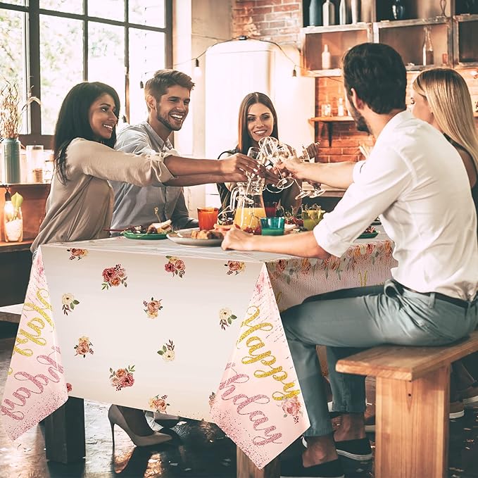 Tiamon 3 Pcs Happy Birthday Tablecloth Floral Table Cover Rose Gold Pink Disposable Plastic Decor for Girls Kids Baby Shower Party Supplies