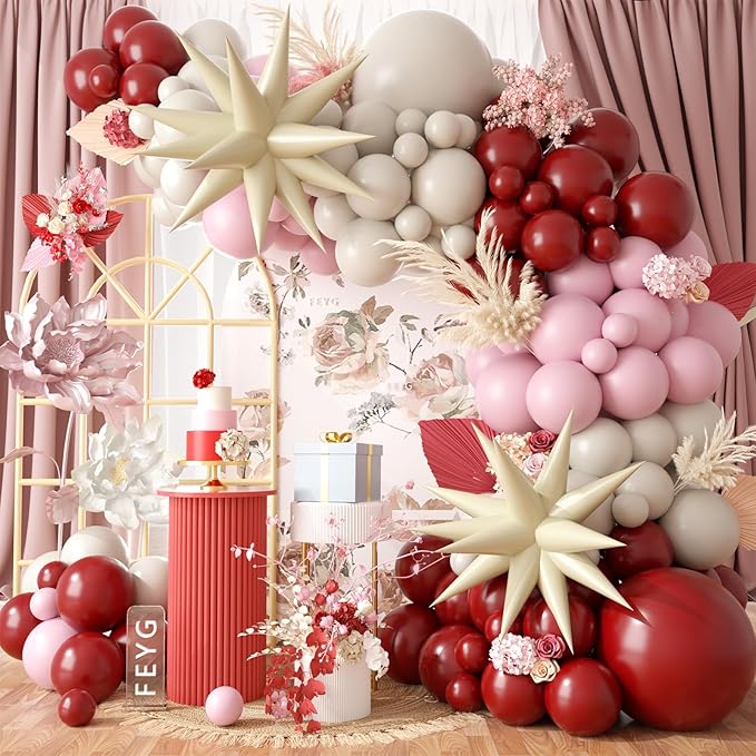 Retro Red Dusty Pink Balloon Arch Kit, Red Sand White Mist Pink Balloon Garland Bow Party Set with Cream Star Balloons for Birthday Anniversary Wedding Baby Shower Party Supplies