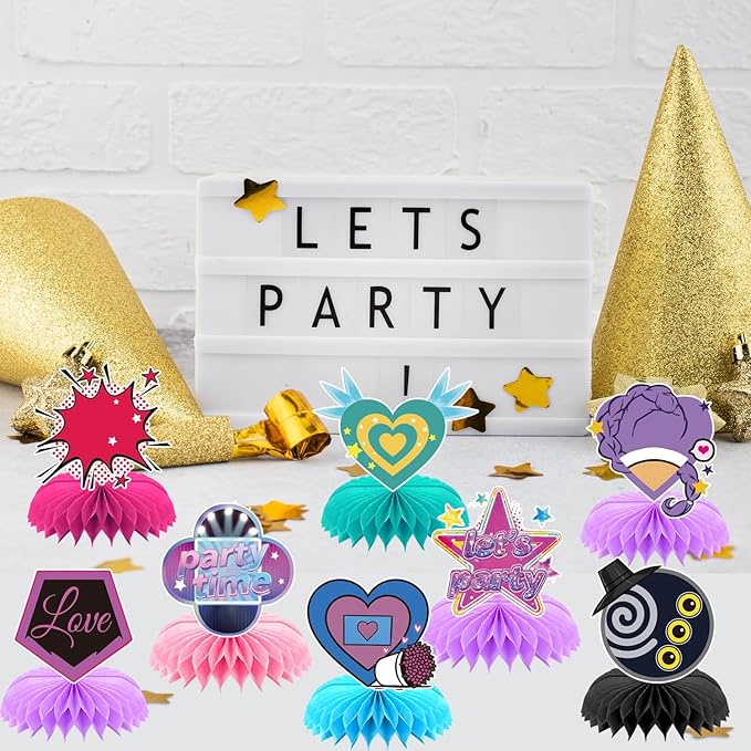 8Pcs Purple Demon Birthday Party Supplies, Hunters Honeycomb Centerpieces,Singer Movie Theme 3D Table Decorations