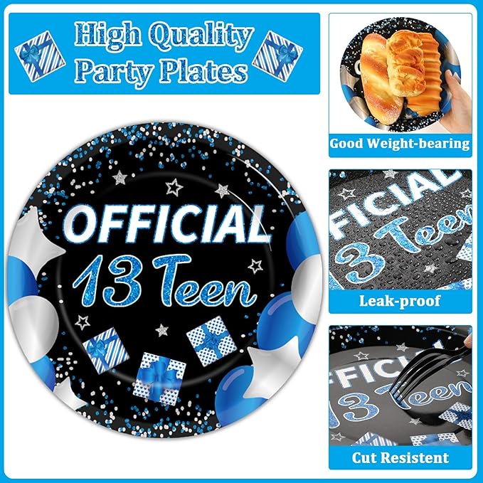 50 Guests Official Teen Birthday Plates and Napkins Party Supplies 13th Birthday Party Decorations Disposable Tableware Set Official Teen 13th Dinnerware Favor for Kids Girls Teenager, 200PCS
