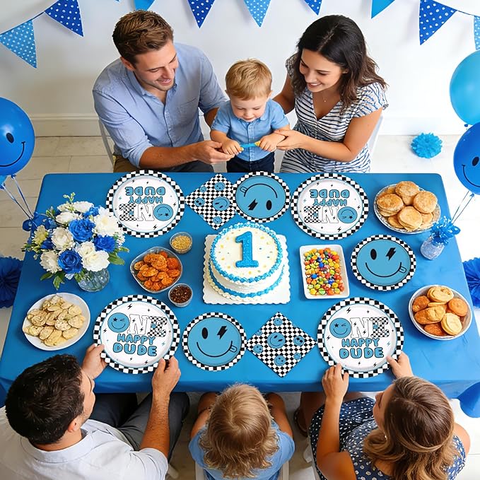 96Pcs One Happy Dude 1st Birthday Party Decoration Blue Smile Face Plates and Napkins Black White Plaid Disposable Paper Tableware Set for 1st Birthday Baby Shower Party Supplies Serves 24