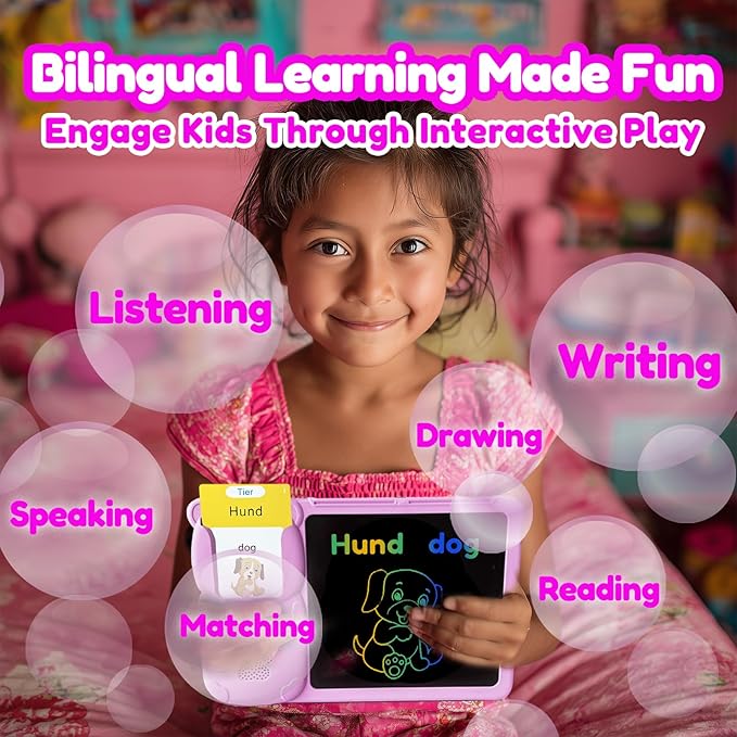 Drawing Tablet with Bilingual Flashcards for Kids - German English Talking Flash Cards, LCD Writing Pad Board, Pocket Speech for Toddlers, Learning Toy Gift for Boys Girls (German, Pink)