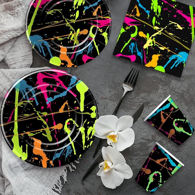 Neon Party Supplies Dinnerware, Neon Graffiti Theme Glow In The Dark Party Decorations Tableware for Birthday Baby Shower, Paper Plate, Napkin, Tablecloth, Fork | Serves 24