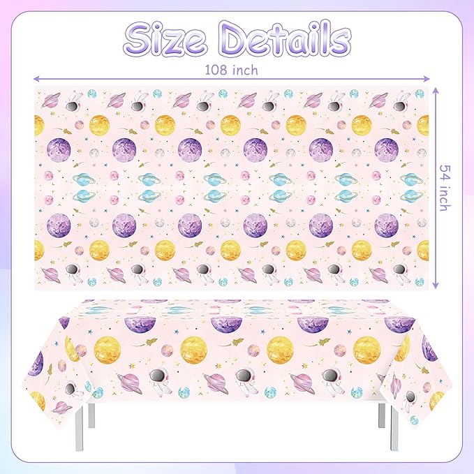 Pink Watercolor Table Cover - 3-Pack 54 X 108 Inch Pink Watercolor Outer Space Disposable Plastic Rectangle Print Table Cloth Baby Shower Kids Birthday Party Tablecloths Decoration Supplies