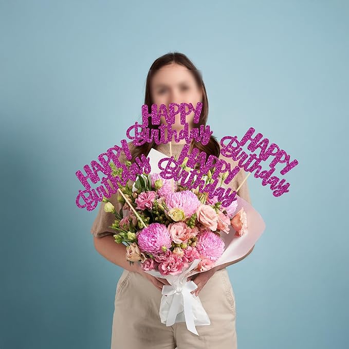 Gyufise 12Pcs Happy Birthday Centerpieces Sticks Double Sided Glitter Birthday Party Decorations Anniversary Table Flower Centerpiece for Celebrating Party Supplies Purple