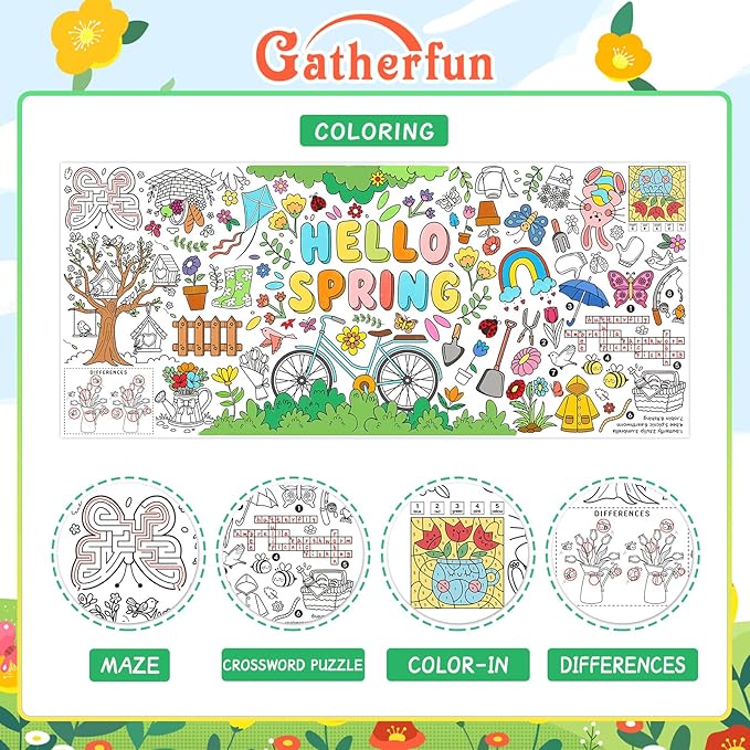 Gatherfun Hello Spring Giant Coloring Poster for Classroom - 31.5x72 Versatile Spring Activity Poster/Table Cover for School Parties,Birthday & Special Events Decoration