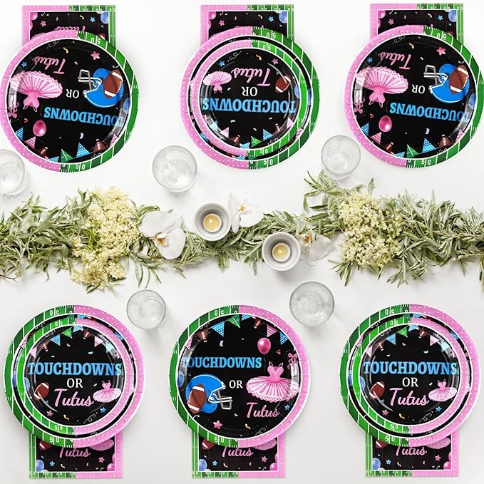 96 Pcs Football Gender Reveal Party Supplies Touchdown or Tutus Gender Reveal Plates and Napkins Tableware Set Ballet or Football Gender Reveal Party Decorations for Boy or Girl Baby Shower Serves 24