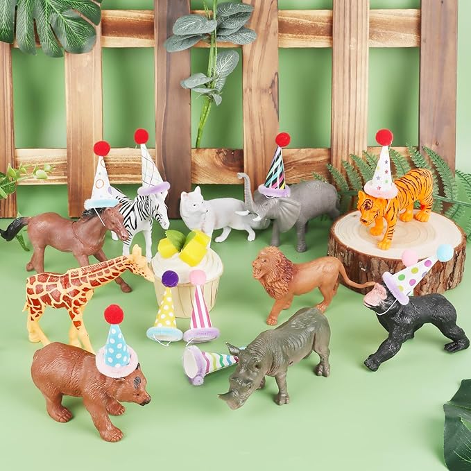 Hooqict 20 Pcs Jungle Animal Birthday Party Decorations Safari Animals Figures with Mini Birthday Hats Animal Cake Toppers for Kids Safari Cake Decorations Wild Zoo Themed Party Decorations