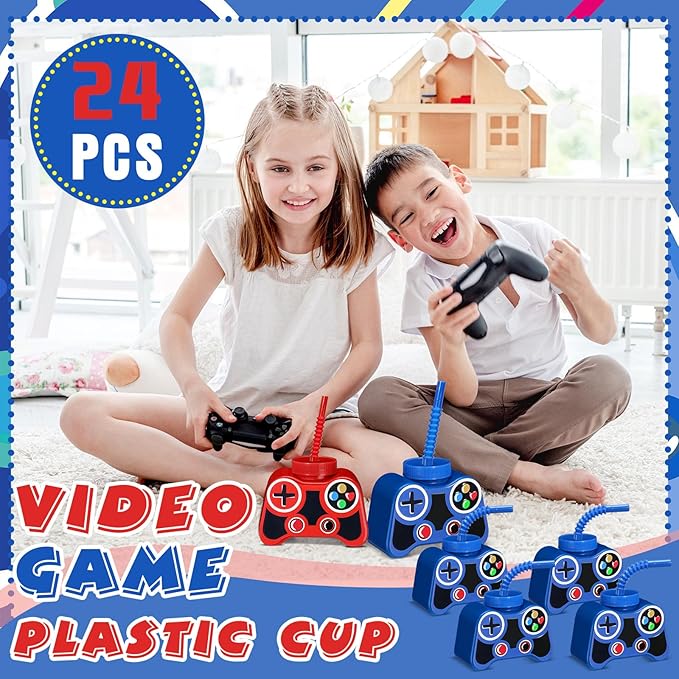 Mifoci 24 Pcs Plastic Video Game Party Cups with Straw and Lid 10oz Gamer Birthday Themed Drink Cups 7th Video Game Party Favors for Kids Toddlers Gamer Birthday Supplies (Classic Color)