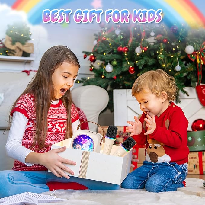 Mini Karaoke Machine with 2 Wireless Microphones, Portable Bluetooth Speaker for Kids & Adults, Ideal Birthday for Girls Boys Ages 3-12, Home Party Travel Entertainment Toy (White)