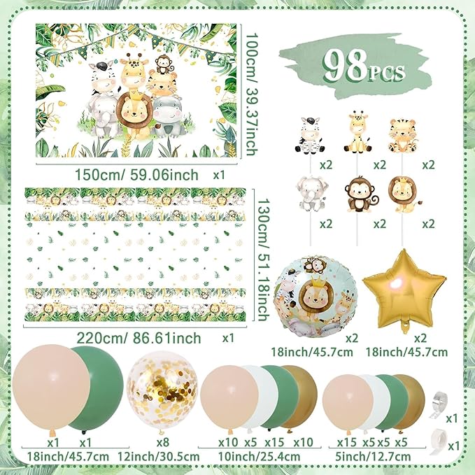 Sage Green Baby Shower Decorations for Girl Boy, Neutral Party Supplies - Green Balloon Arch Garland Kit, Animal Backdrop Tablecloth for Baby Shower Gender Reveal,Boy Girl Birthday Party decorations