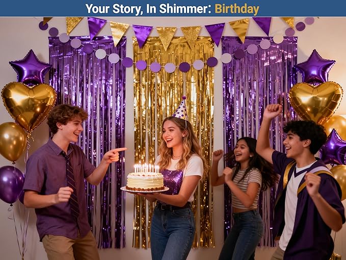3 Packs Purple Gold Foil Fringe Curtains, Birthday Party Decorations Backdrop Tinsel Steamer, Wedding Engagement Bridal Shower Party Decorations Retirement Decor Graduation Party Backdrop