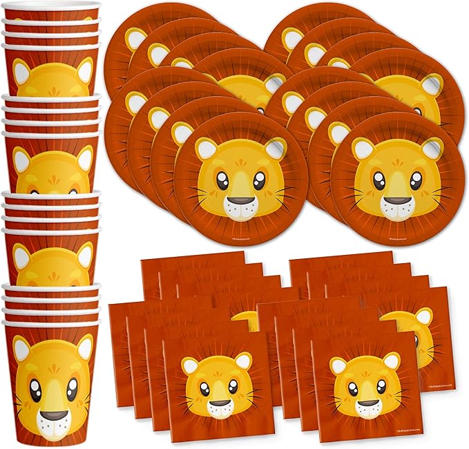 Birthday Galore Lion King Jungle Animal Party Supplies - Safari Lion Animal Party Tableware Set for 16 Guests - Includes Plates, Napkins and Cups - Orange, Cartoon