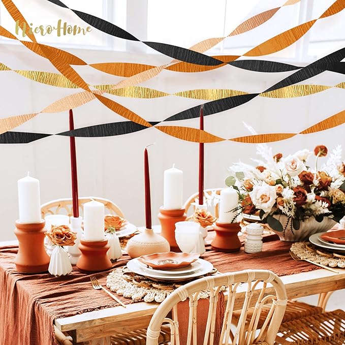 Thanksgiving Party Decorations, 8 Rolls Black Orange Gold Crepe Paper Streamers, Paper Tassels Party Streamer for Fall Autumn Thanksgiving Day Halloween Party Decoration