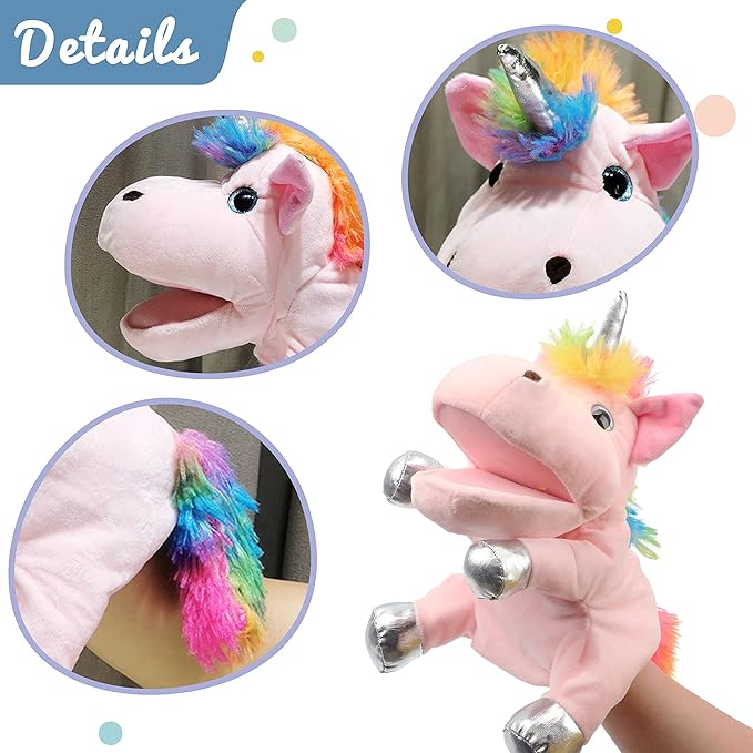 Hopearl Plush Unicorn Hand Puppet with Open Movable Mouth for Imaginative Play, Role Play, Interactive Toy for Storytelling Teaching Puppet Theater, Birthday Gifts for Kids Girls, Pink, 12''
