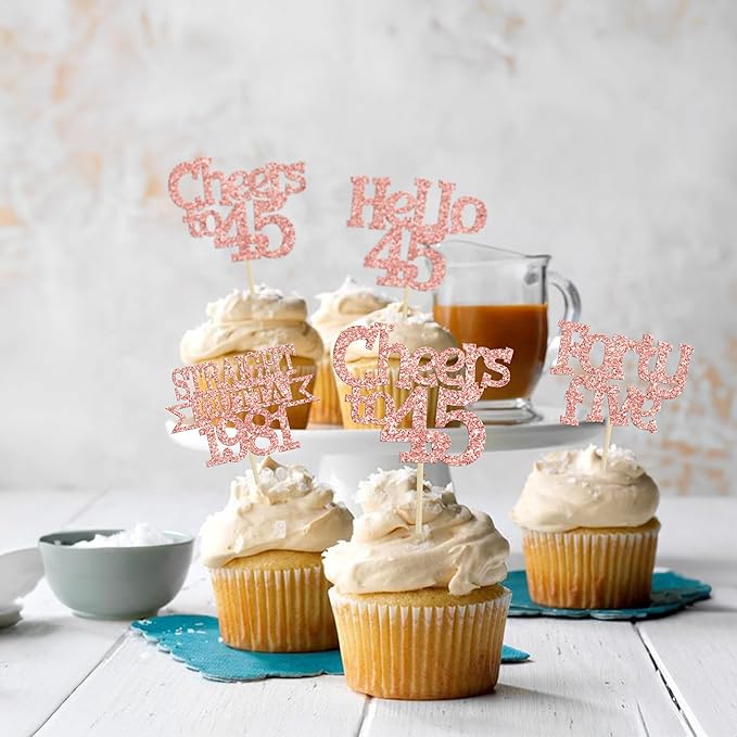 Ephlyn 24Pcs 45th Birthday Cupcake Toppers Glitter Straight Outta 1981 Cupcake Picks Hello 45 Cheers to 45 Years Cake Decorations for 45th Birthday Anniversary Party Decorations Supplies Rose Gold