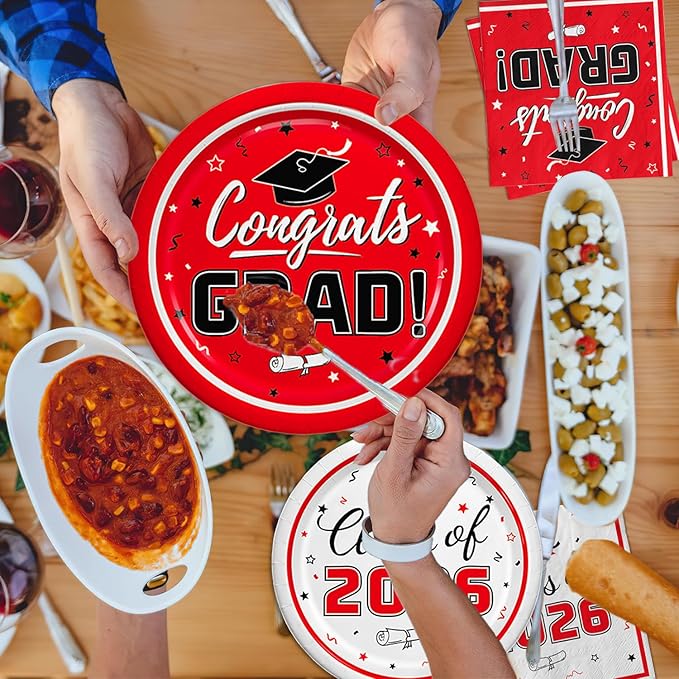 Oigco Graduation Red Party Supplies Kit Dinner Plates Dessert Plates and Napkins for Congrats Grad Party Decorations, Serves 50