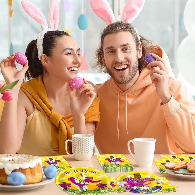 96 Pcs Easter Tableware Set He is Risen Plates Happy Easter Party Plates Easter Religious Plates and Napkins Paper Plates Napkins Forks for 24 Guests
