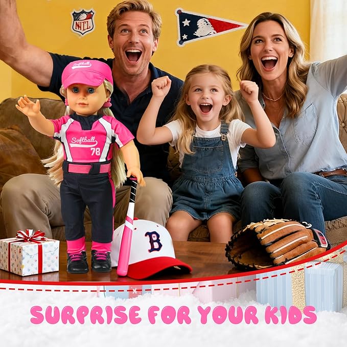 ARTST Softball Uniform Doll Outfit-18 inch Doll Clothes and Accessories Set-Hat Baseball Clothing Bat Shoes Socks, Valentine's Gifts for Girls Spring T-Ball