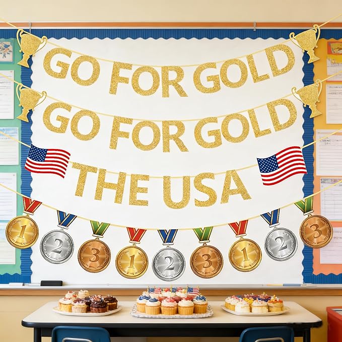 Sports Competition Party Decorations | Glitter Go for Gold Banners | for Olympic Themed Bulletin Board Athlete Competition Game Party Decor Supplies