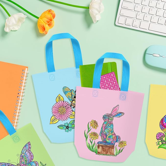 Spring Coloring Goodie Bags for Kids - 24Pcs Mandala Theme Bulk Color Your Own Gift Bags with Handle Butterfly Bunny Reusable Non Woven Coloring Tote Packet for DIY Painting Spring Easter Holiday Gift