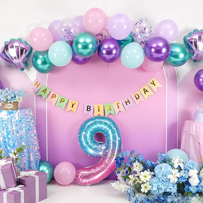 9th Mermaid Birthday Decoration,Metallic Purple Pink Green Blue Latex Balloons for Girls Party Decoration Number 9 Seashell Foil Balloons Banner Cake Topper Sea Decorations 9 Year Old Decor